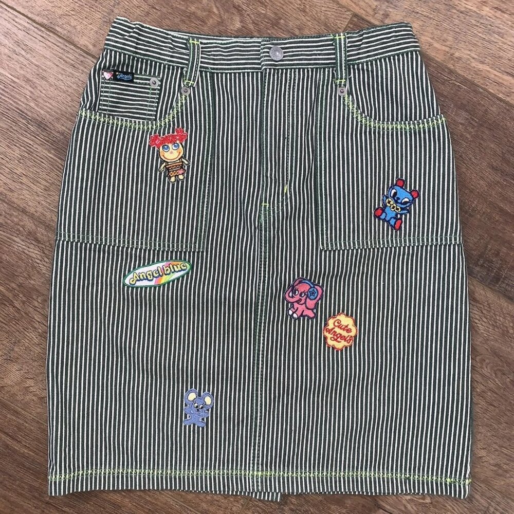 Angel Blue Japan CUTE KAWAII PATCH Striped Denim SKIRT M / 150cm FRUITS Harajuku